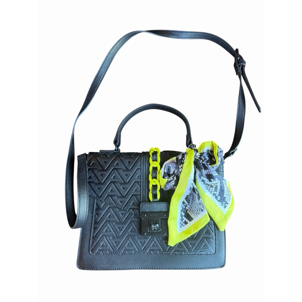 ALDO Black Textured Strap Crossbody Bag | Neon Yellow Accent Faux Leather